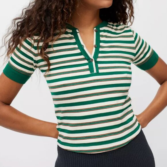 BDG Urban Outfitters Harvey Striped Henley Crop Tee Green White (Large) - Picture 1 of 9